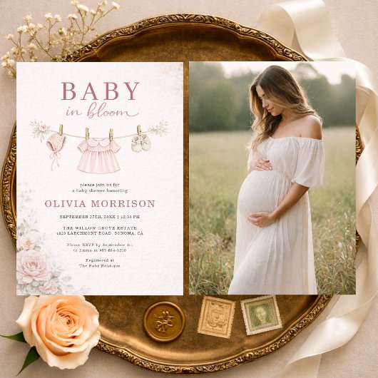 Invitation Baby in Bloom Pink Clothesline Photo Baby Shower
