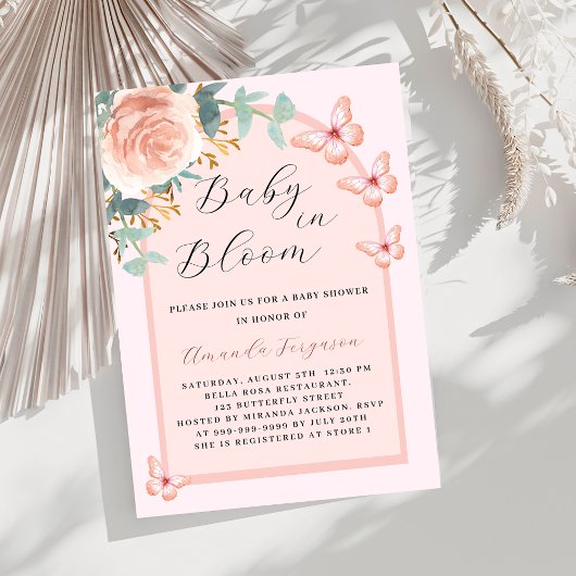 Invitation Baby in Bloom rose papillon Baby shower arc