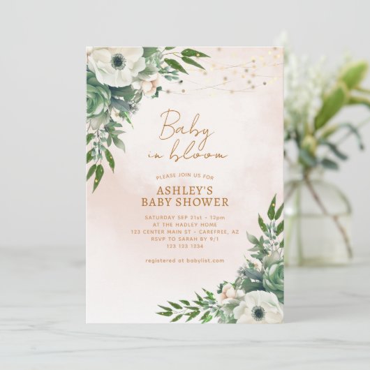 Invitation Baby in Bloom Sage Baby shower vert (Debout devant)