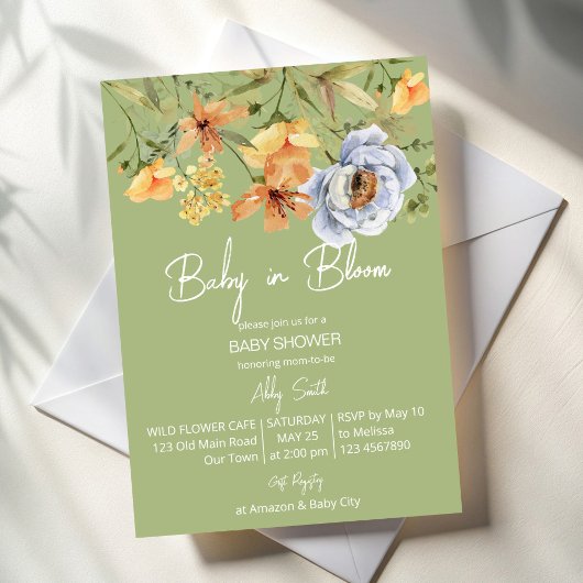 Invitation Baby in bloom sage green baby shower 