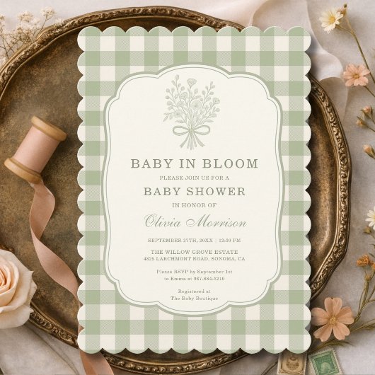 Invitation Baby in Bloom Sage Green Gingham Baby Shower