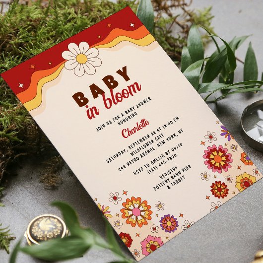 Invitation Baby In Bloom Super Retro Hippie Fleurs