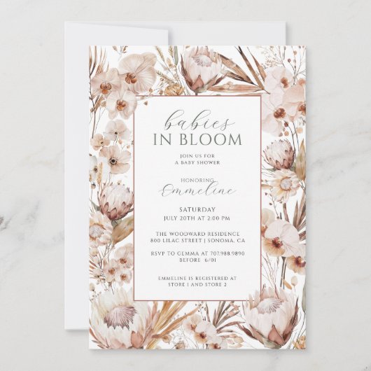 Invitation Baby in Bloom Twins Fleur sauvage Baby shower Boho (Devant)