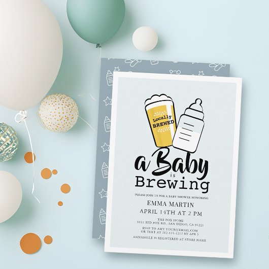 Invitation Baby is Brewing Beer Baby Bottle Blue Baby Shower