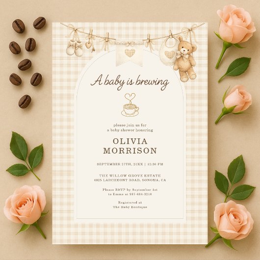 Invitation Baby is Brewing Coffee Gingham Baby Shower
