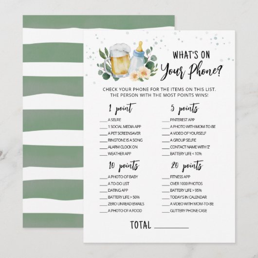 Invitation Baby Is Brewing What's On Your Phone Game Card (Devant / Derrière)