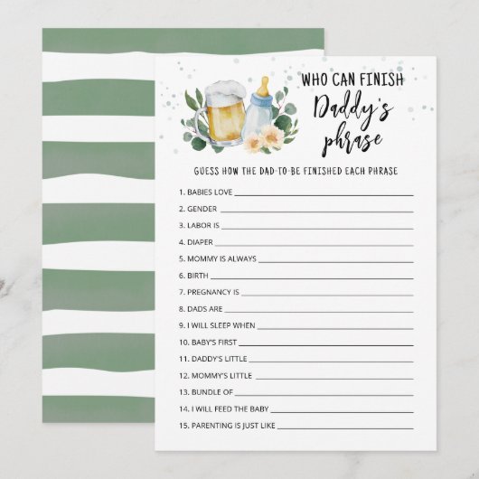 Invitation Baby Is Brewing Who can finish Daddy's phrase card (Devant / Derrière)