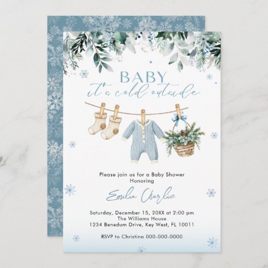 Invitation Baby it's Cold Outside Blue Clothes Baby Shower (Devant / Derrière)