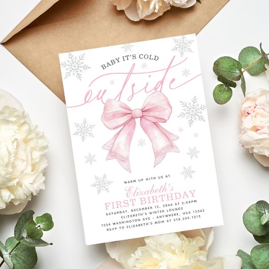 Invitation Baby Its Cold Outside Coquette Pink Bow Birthday