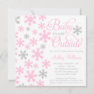 Invitation Baby It's Cold Outside Fête de Naissance Rose Gris