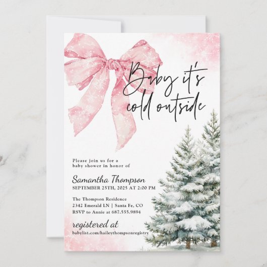 Invitation Baby It's Cold Outside Pink Bow Winter Shower (Devant)