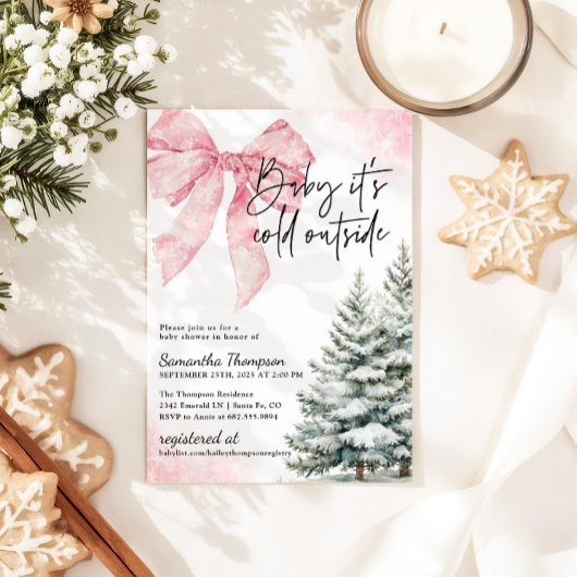 Invitation Baby It's Cold Outside Pink Bow Winter Shower