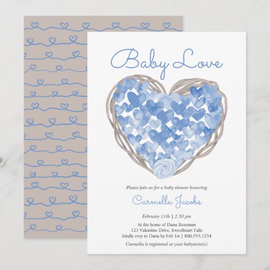 Invitation Baby Love Blue Hearts Rustic Boy Baby shower (Devant / Derrière)