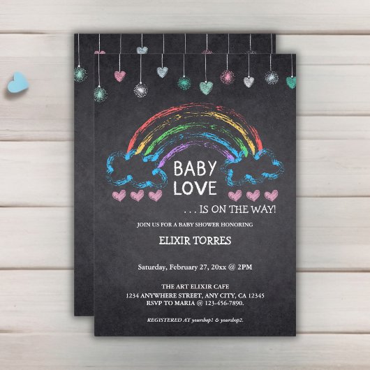Invitation Baby Love Chalkboard Coeurs et Baby shower arc-en-
