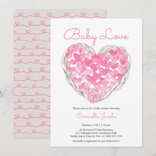 Invitation Baby Love Cœurs Roses Fille Rustique Baby Shower