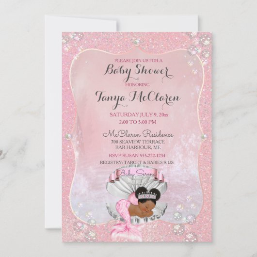 Invitation Baby Mermaid African American Pink Shell Pearls (Devant)