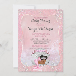 Invitation Baby Mermaid African American Pink Shell Pearls