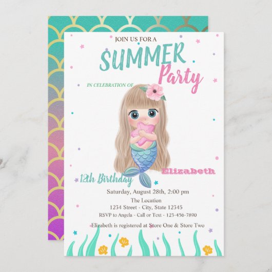 Invitation Baby Mermaid Scales Seashells fête d'anniversaire (Devant / Derrière)