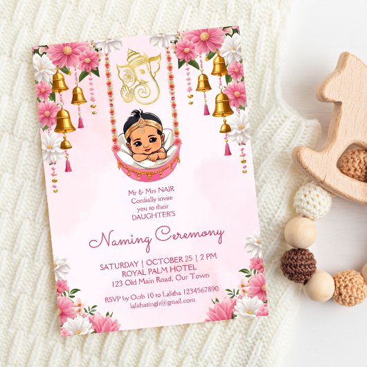 Invitation Baby Naming Cradle Indian Cérémonie modèle rose
