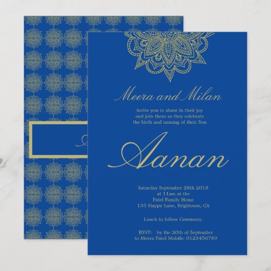 Invitation Baby Naming Hindu Namkaran Ceremony Bleu (Devant / Derrière)