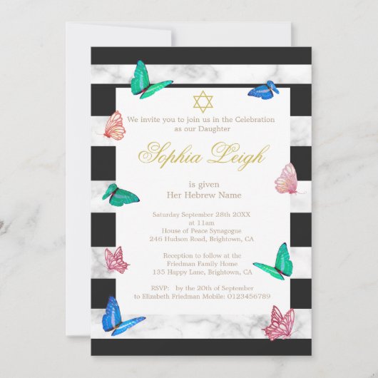 Invitation Baby Naming Jewish Black White Stripe Papillon (Devant)