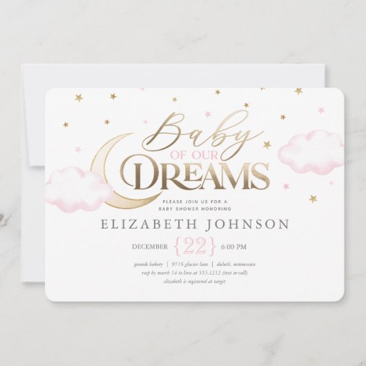 Invitation Baby of our Dreams Moon and Stars Baby shower rose (Devant)