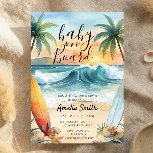 Invitation baby on board beach coast surfboard baby shower