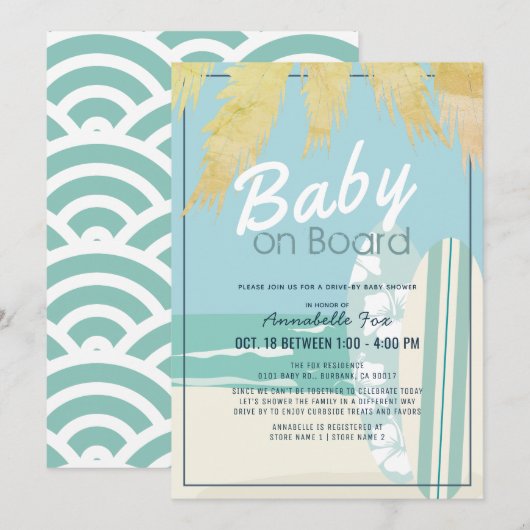 Invitation Baby on Board Beach Surf Boy Baby shower Drive by (Devant / Derrière)