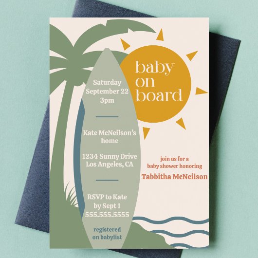 Invitation "Baby on board" Beach Surfing Ocean Baby shower
