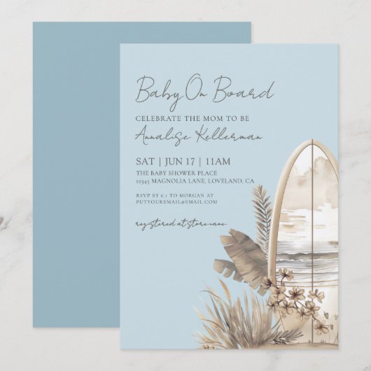 Invitation Baby On Board Blue Boho Beach Baby Shower (Devant / Derrière)