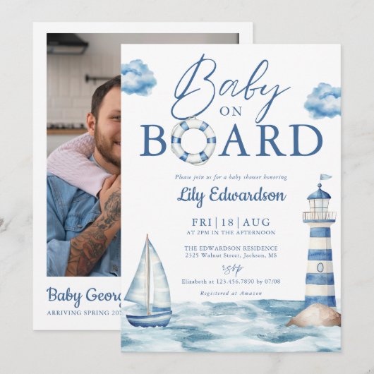 Invitation Baby On Board Nautical Shower Photo QR Code (Devant / Derrière)