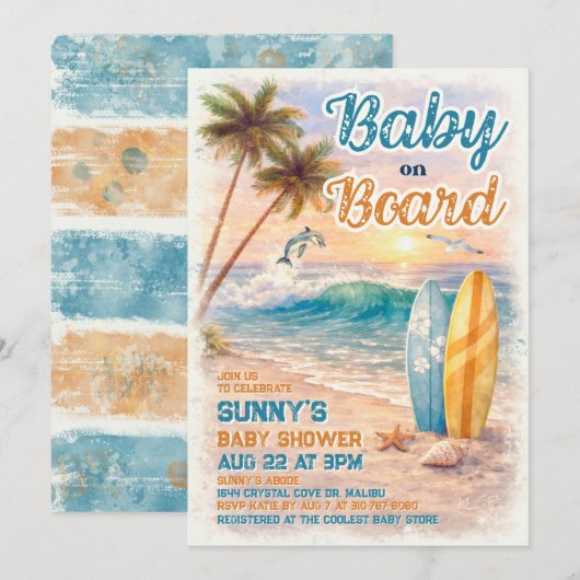 Invitation Baby on Board Retro Surf Beach Baby Shower (Devant / Derrière)