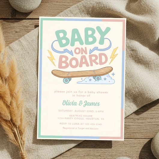Invitation Baby on Board Skateboard Baby Shower party