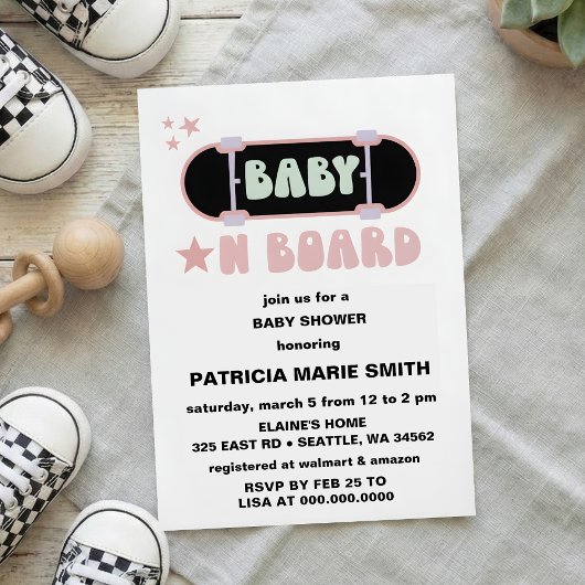 Invitation Baby on Board Skateboard Baby Shower party Invitat