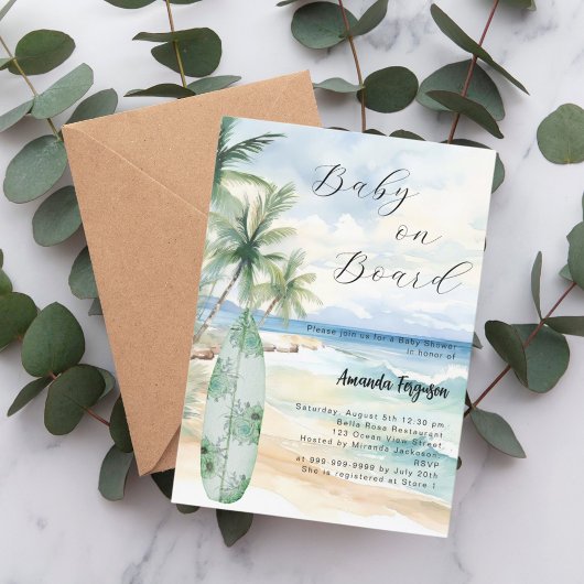 Invitation Baby on Board surf Baby shower de plage tropicale
