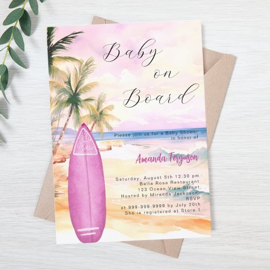 Invitation Baby on Board surf Baby shower fille rose