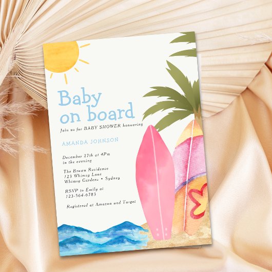 Invitation Baby on Board Surfboard Beach Baby Shower