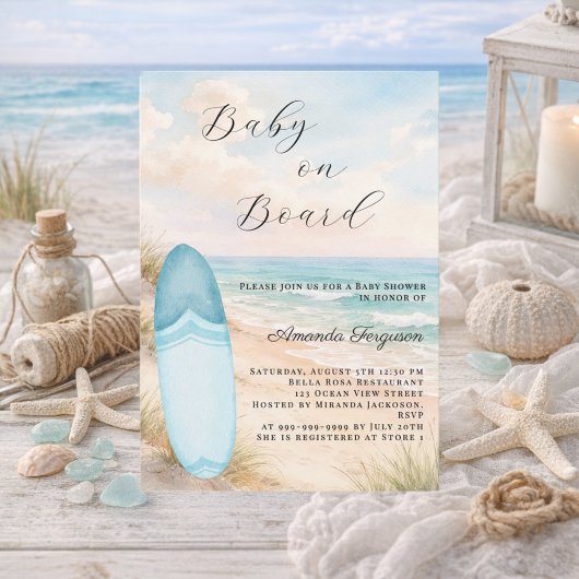 Invitation Baby on Board surfboard blue boy beach Baby Shower