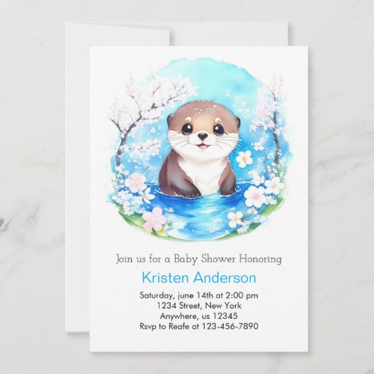 Invitation Baby Otter Blue Fleurs sauvages Baby shower garçon (Devant)