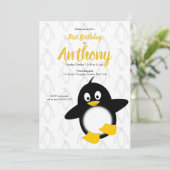 Invitation Baby Penguin Jaune Noir Premier Anniversaire (Debout devant)
