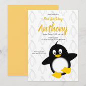 Invitation Baby Penguin Jaune Noir Premier Anniversaire (Devant / Derrière)