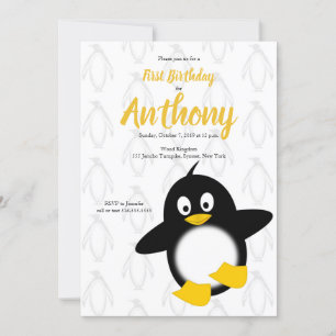 Invitation Baby Penguin Jaune Noir Premier Anniversaire