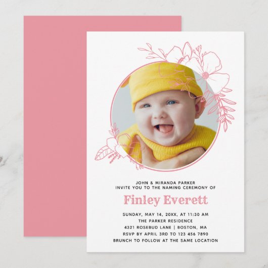 Invitation Baby Photo Rose Floral Frame Cérémonie de Naming (Devant / Derrière)