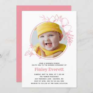 Invitation Baby Photo Rose Floral Frame Cérémonie de Naming