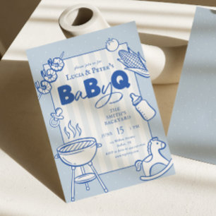 Invitation Baby-Q Baby Shower pour couples BBQ à pois bleus