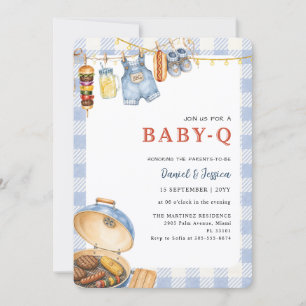 Invitation Baby Q Fête Prénatale Backyard Gingham Bleu