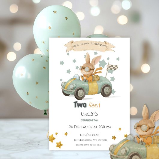 Invitation Baby Rabbit Race Cars 2e anniversaire