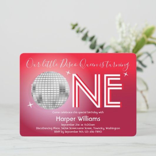 Invitation Baby Red Disco thème premier anniversaire (Debout devant)
