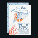 Invitation Baby shark swim lifesaver 2nd birthday<br><div class="desc">Cute whimsy baby shark with a lifesaver kids 2nd birthday invite. Personalize the front of this cute invite with your own choice of name,  birthage day and birthday event details. Other matching items available. Print is taken from an original watercolour painting by Sarah Trett for www.mylittleeden.com</div>