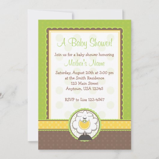 Invitation Baby Sheep Green Jaune Baby shower Brown Invitatio (Devant)